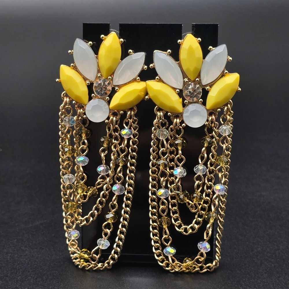Yellow Rhinestone Chain Earrings Dangle Flower - Picture 6 of 8